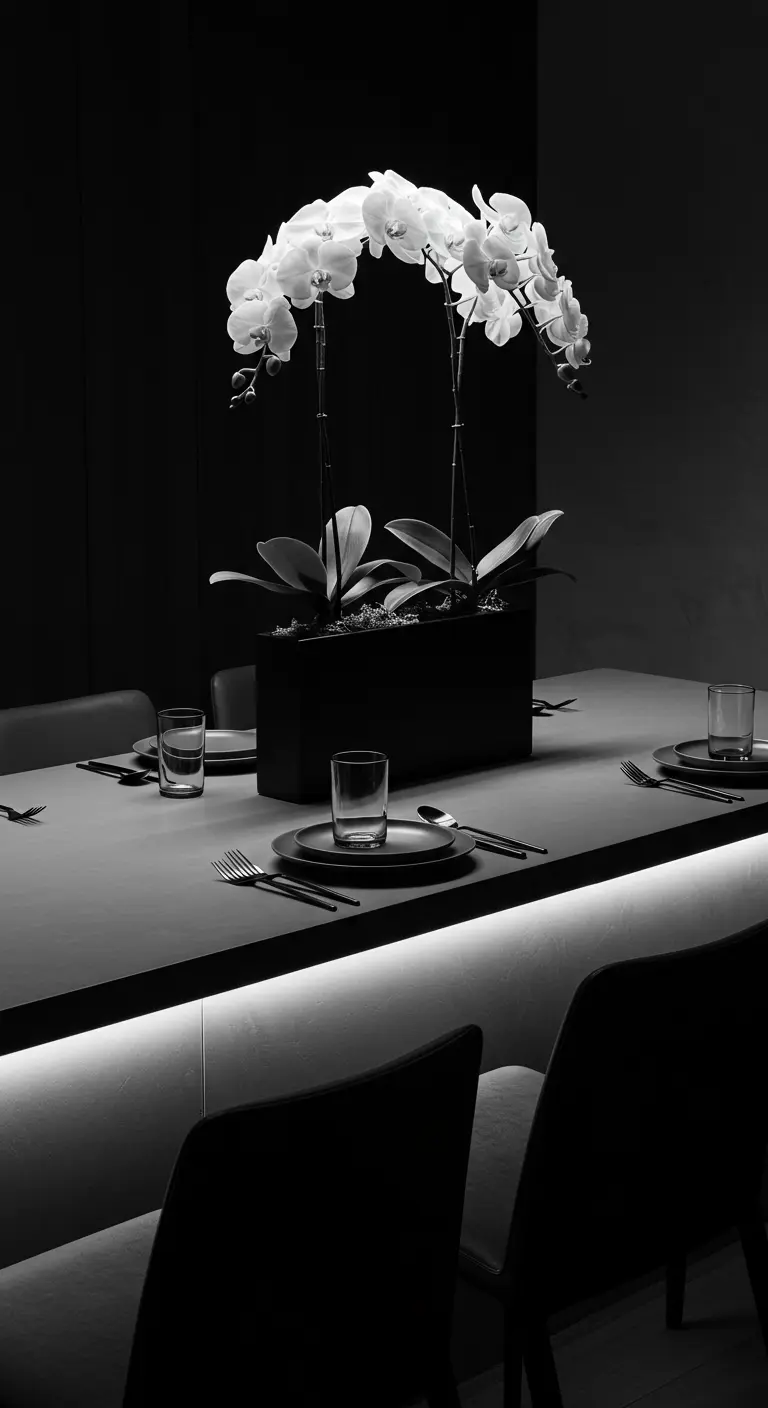 Deux orchidées blanches formant une arche dans un pot rectangulaire noir.