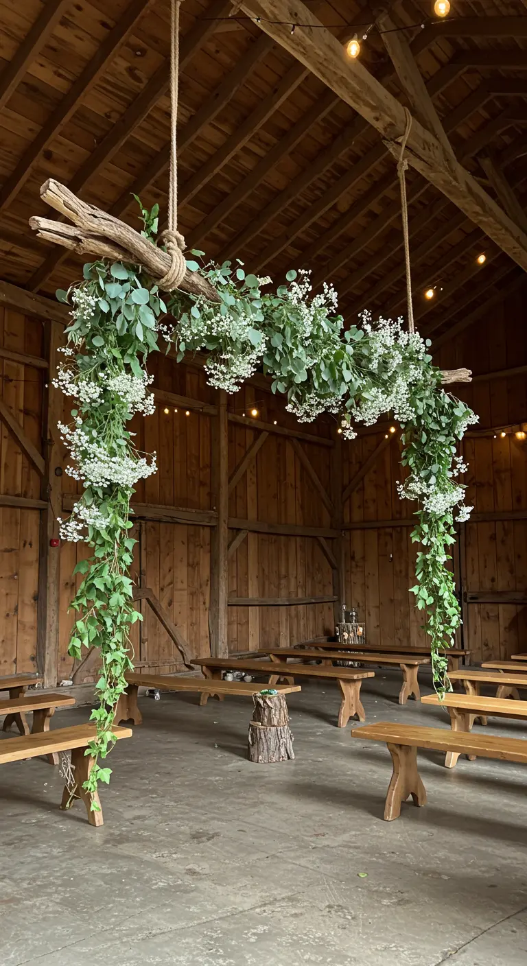 Arche florale rustique suspendue à une poutre en bois dans une grange.