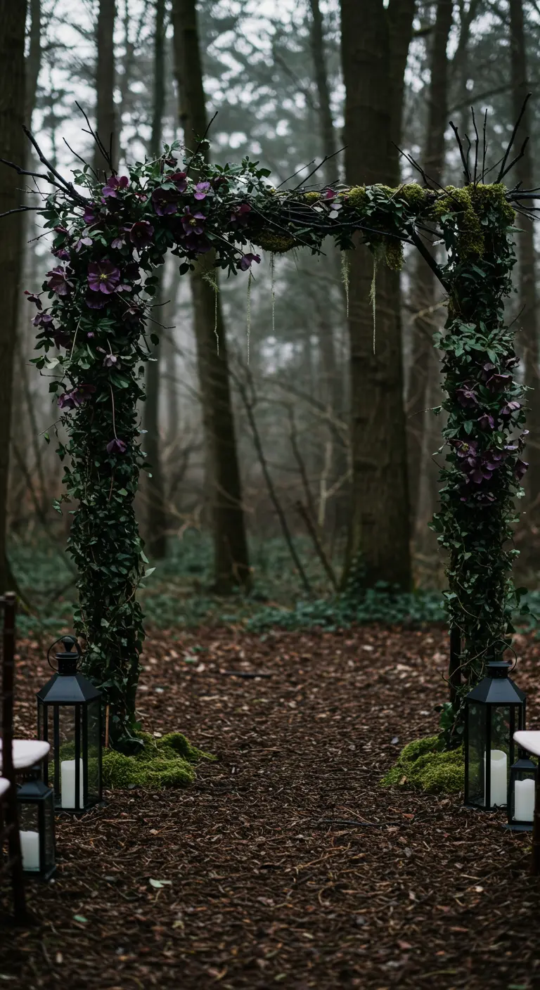 Arche sombre et gothique avec des fleurs violettes dans une forêt brumeuse et dense.