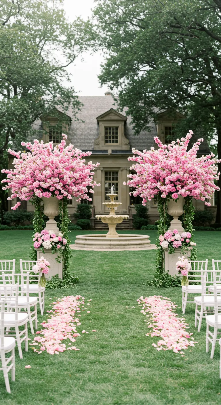 Deux grandes urnes sur des piliers avec des fleurs de cerisier roses créant une arche.