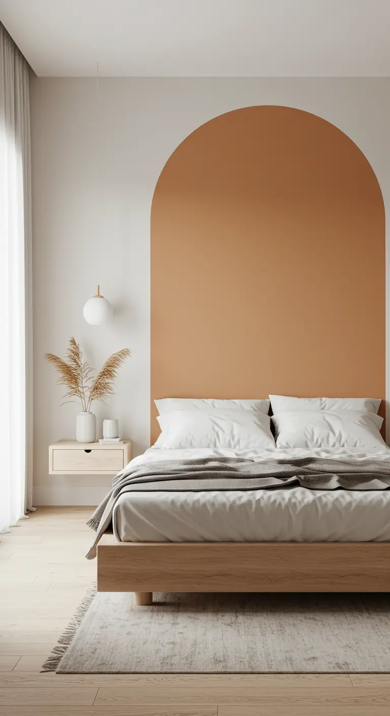 Une arche couleur terracotta peinte sur un mur blanc sert de tête de lit minimaliste et moderne.