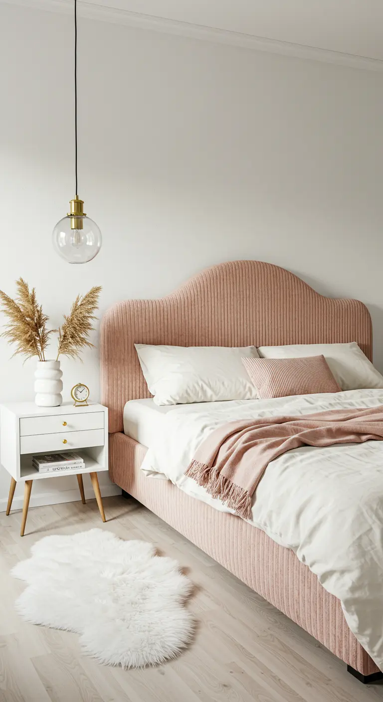 Tête de lit rose en velours côtelé avec une forme d'arche.