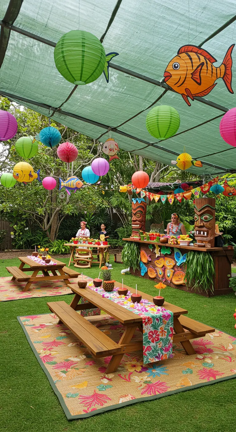 Fête d'anniversaire hawaïenne pour enfants avec des lampions colorés en forme de poissons.
