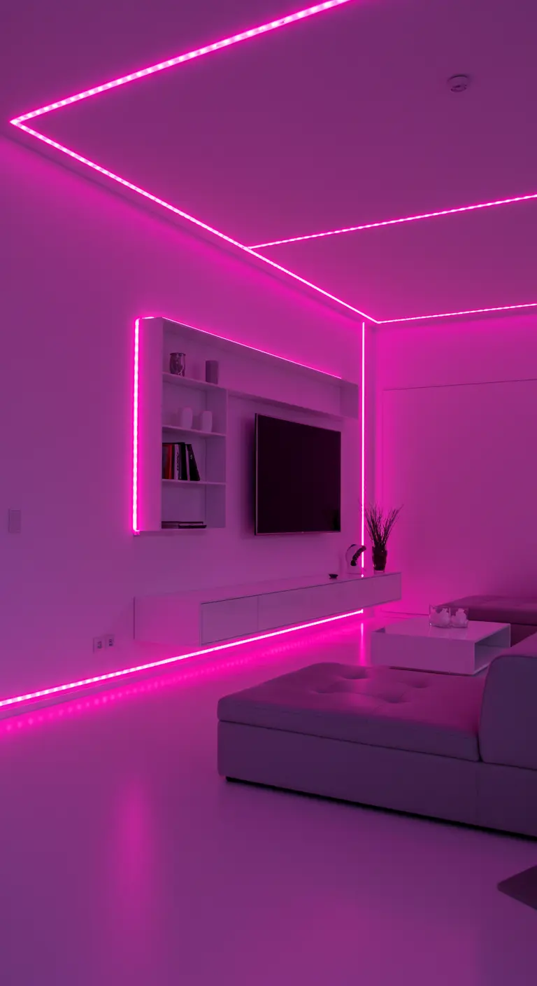 Salon blanc minimaliste dont les angles et les meubles sont soulignés par des rubans LED roses.
