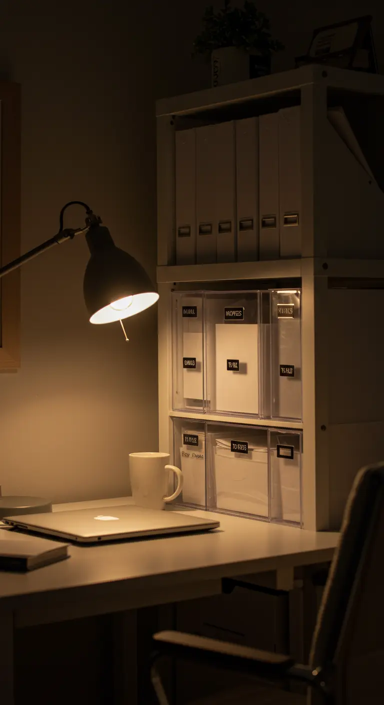 Modules de rangement transparents et étiquetés, éclairés par une lampe de bureau.