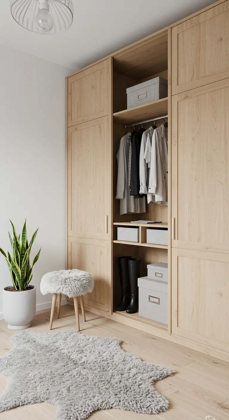 Grande armoire en bois clair placée au centre d'une pièce, près d'un tabouret en fausse fourrure.