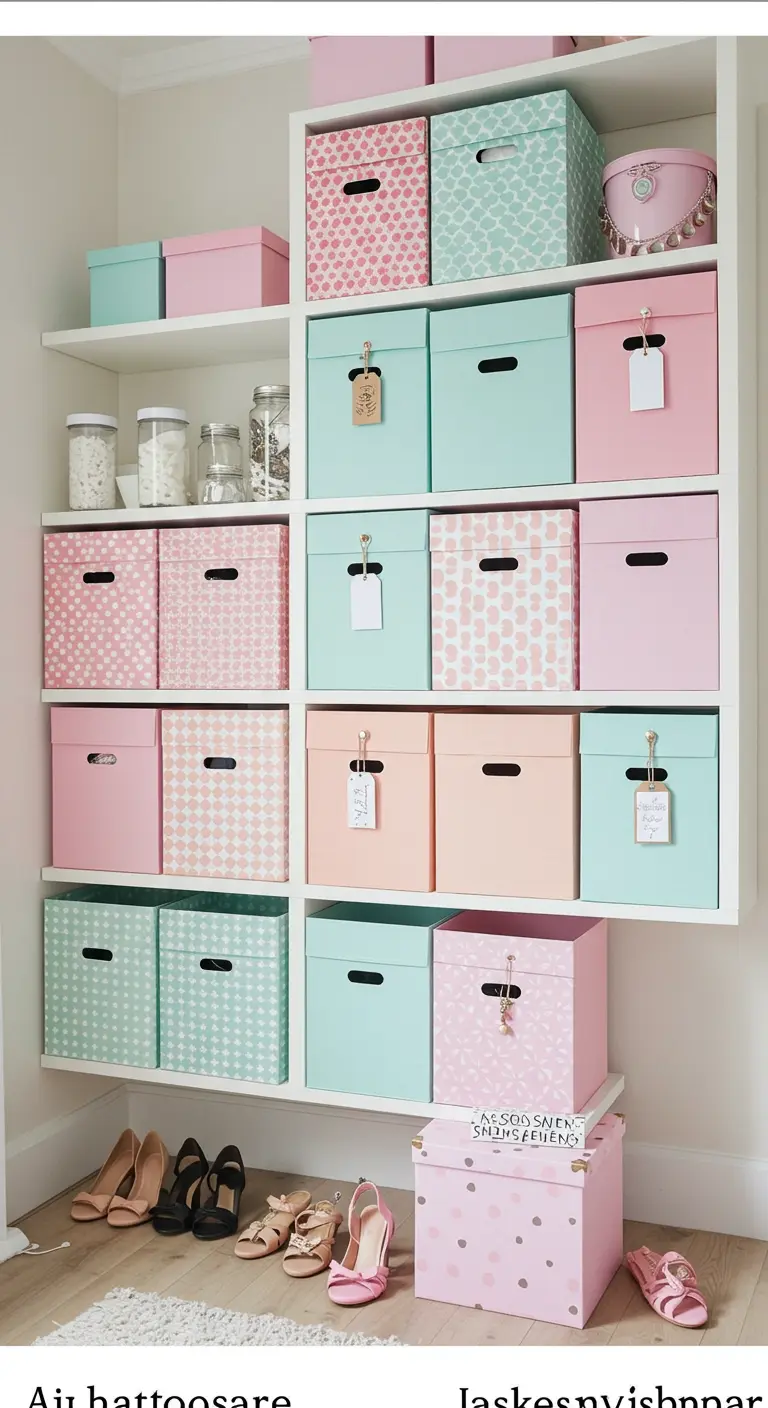 Étagères blanches remplies de boîtes de rangement colorées dans des tons pastel rose et menthe.