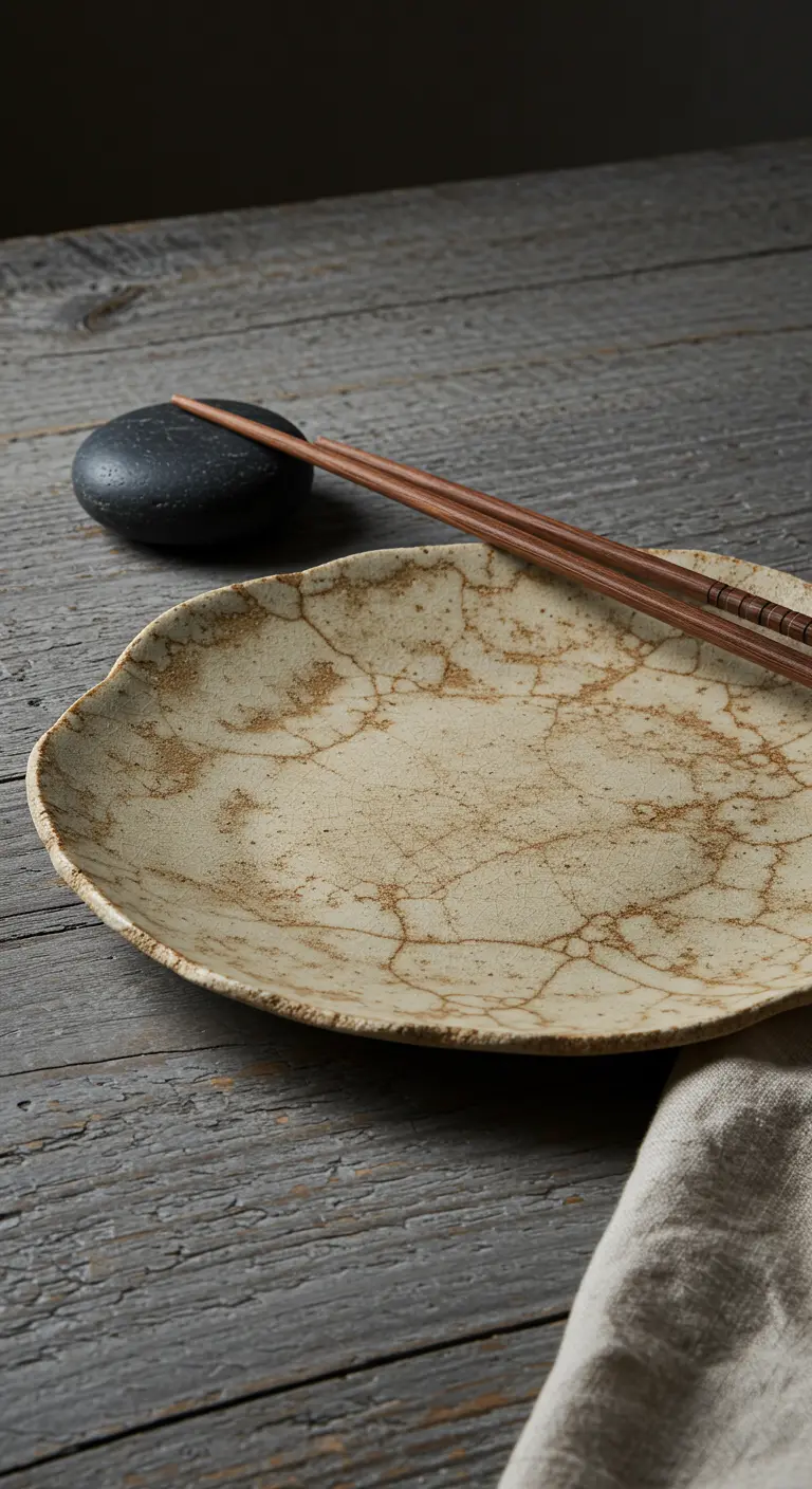 Assiette en céramique craquelée de style wabi-sabi avec des baguettes.