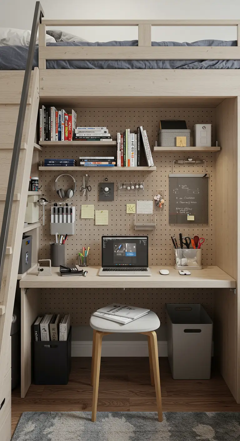 Bureau organisé sous un lit mezzanine avec un grand panneau perforé (pegboard).