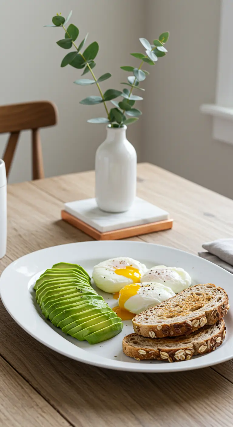 Assiette minimaliste avec avocat en éventail, œufs pochés et toast.