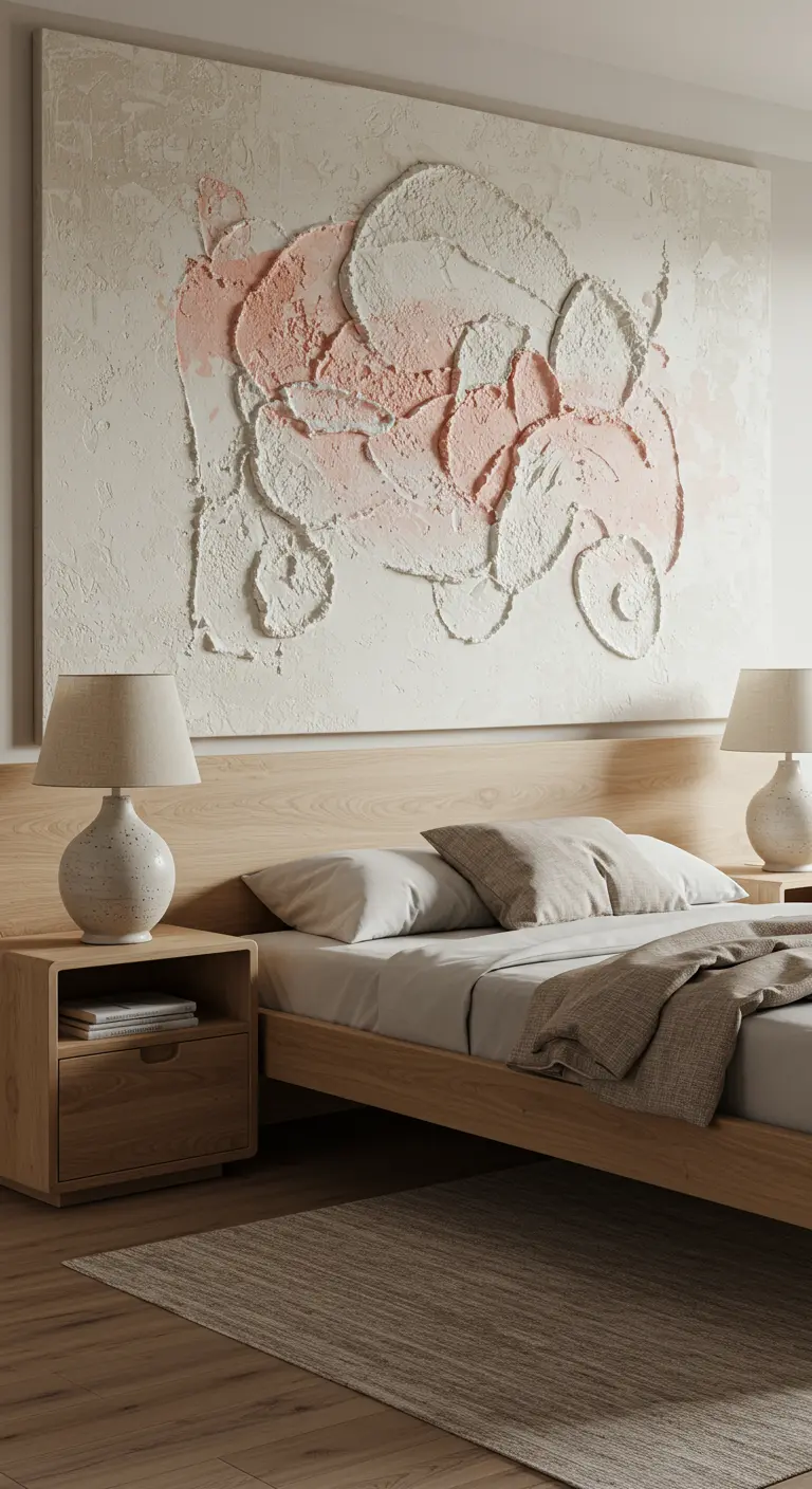 Grande toile d'art abstrait texturé en plâtre servant de tête de lit.