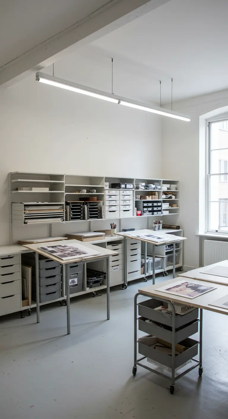 Atelier d'art partagé avec des tables à dessin, des rangements modulaires et des caissons sur roulettes.