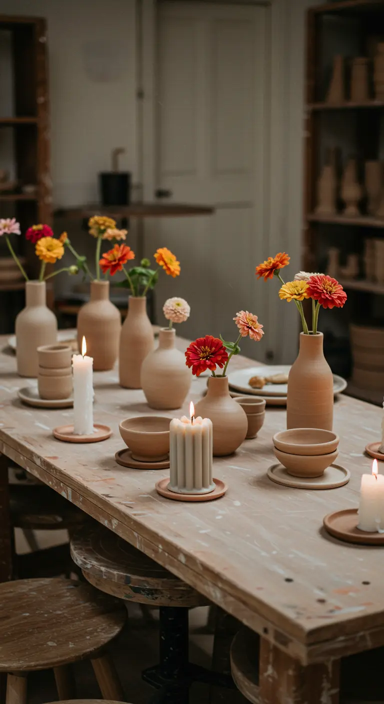 Table en bois avec des vases en céramique artisanale, des fleurs colorées et des bougies.