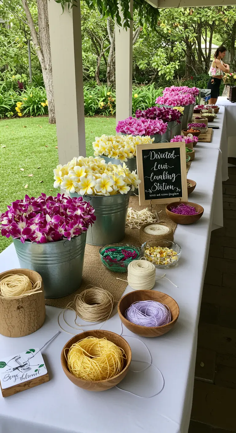 Table de bricolage pour confectionner des colliers de fleurs hawaïens (leis).