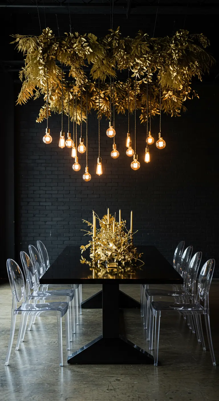 Table de dîner moderne avec des chaises transparentes et une suspension d'ampoules Edison.