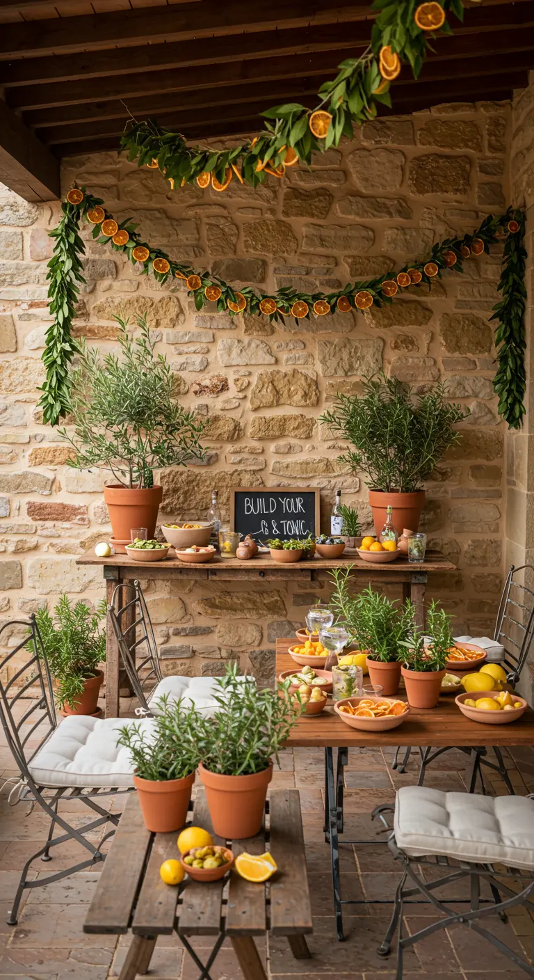 Bar à gin tonic sur une terrasse en pierre avec des plantes en pot et des agrumes.