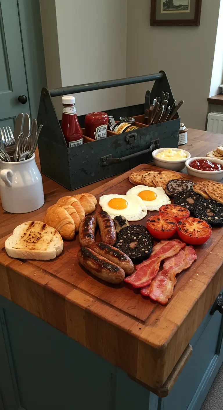 Petit-déjeuner anglais servi sur un billot, avec les sauces dans une boîte à outils.