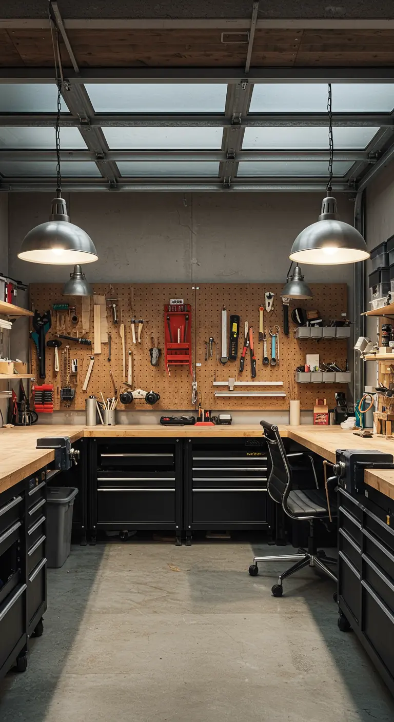 Atelier de bricolage bien organisé avec des établis, des panneaux perforés pour les outils et des tiroirs.