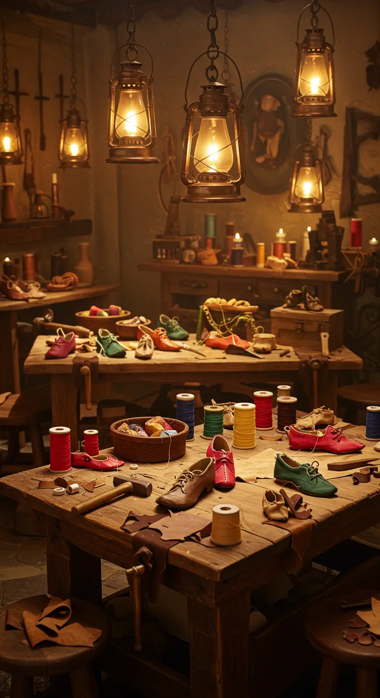 Atelier de cordonnier rustique éclairé à la lanterne, avec outils et chaussures.