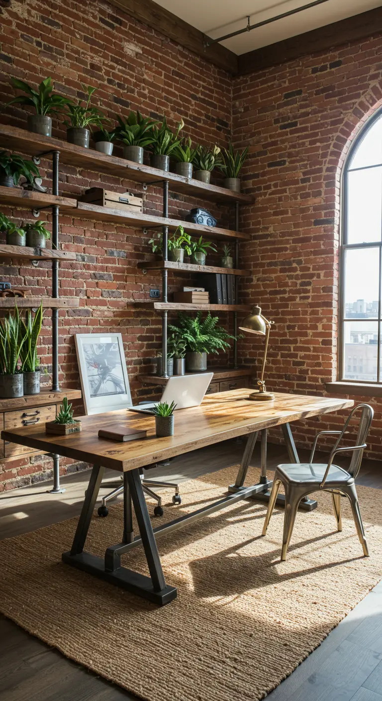 Bureau en bois dans un espace industriel avec mur de briques et étagères remplies de plantes.