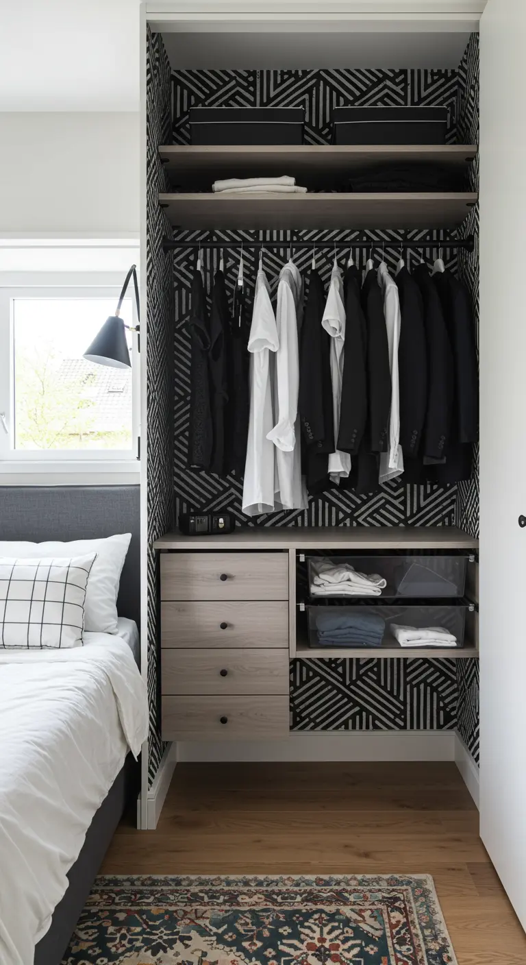 Intérieur de placard tapissé d'un papier peint à motif géométrique noir et blanc.