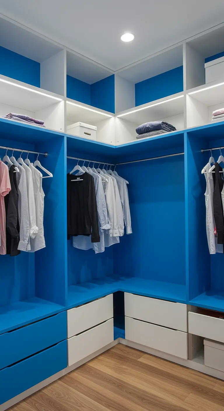 Dressing ouvert avec des niches peintes en bleu vif et des tiroirs blancs.
