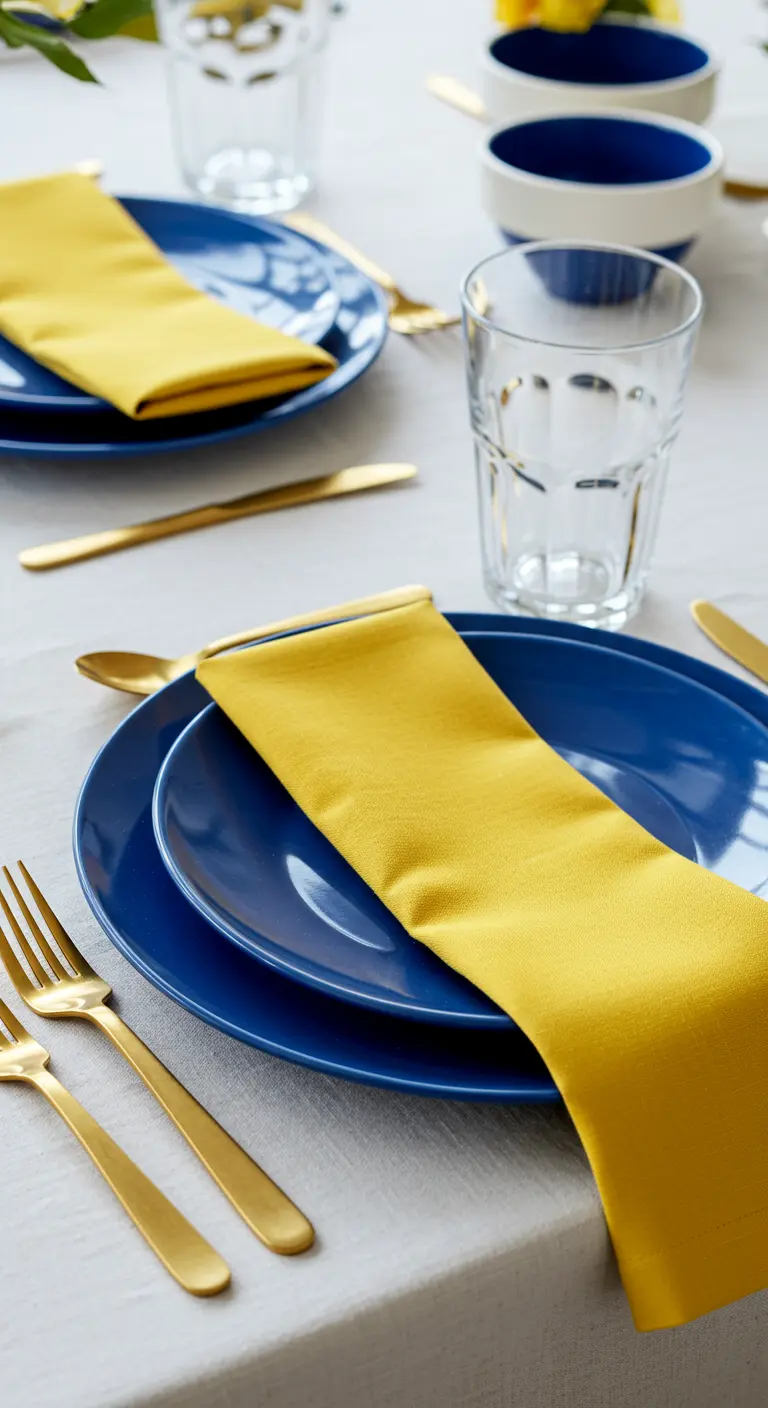 Assiettes bleu vif avec serviettes jaunes et couverts dorés.
