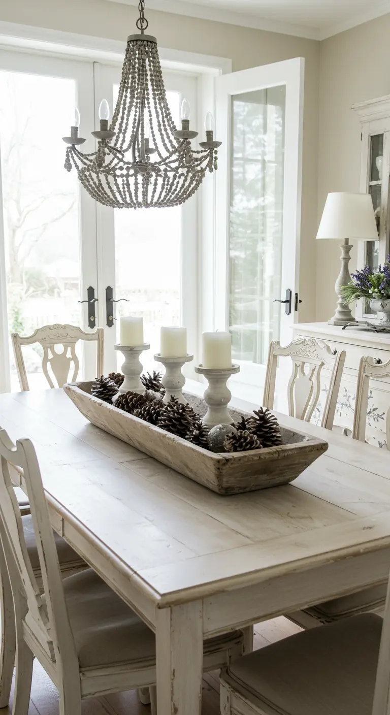 Centre de table farmhouse dans une auge en bois avec bougies et pommes de pin.