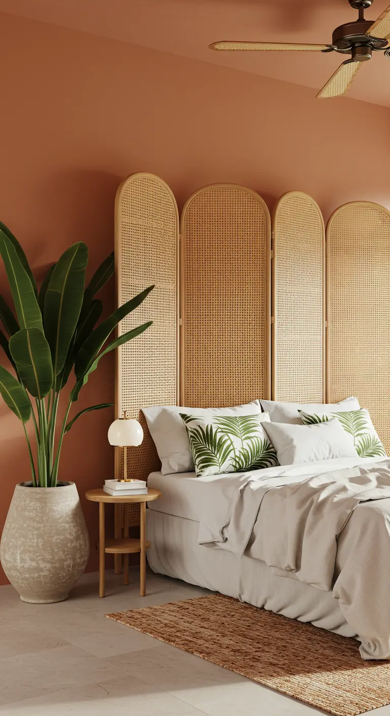 Paravent en cannage et bois clair utilisé comme tête de lit dans une chambre aux tons terracotta.