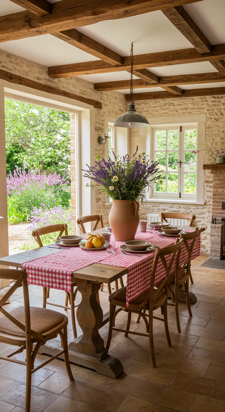 Table de campagne avec nappe à carreaux rouge et grand vase de lavande.