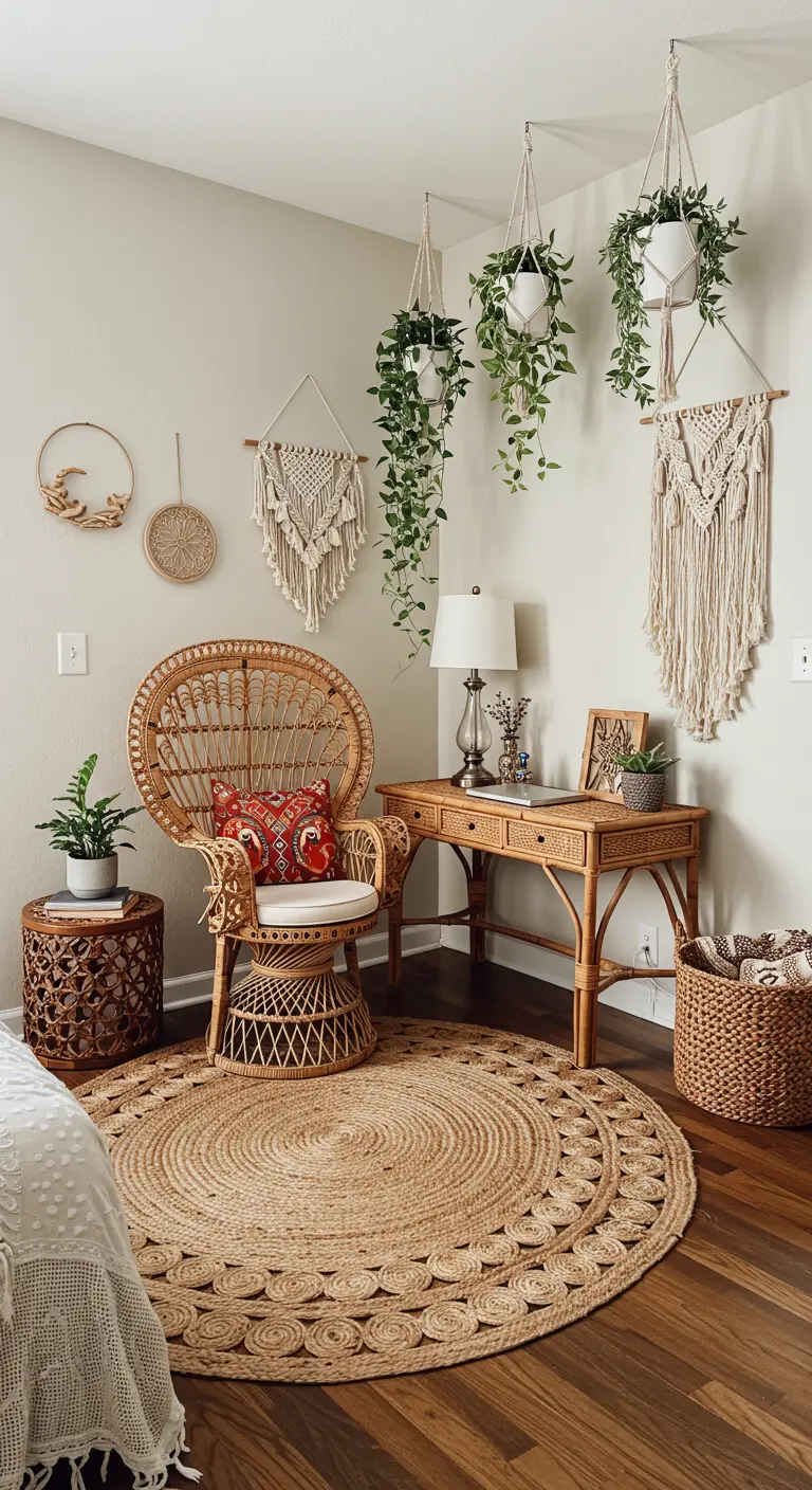 Coin bureau bohème avec un bureau en rotin, une chaise paon et des plantes suspendues.
