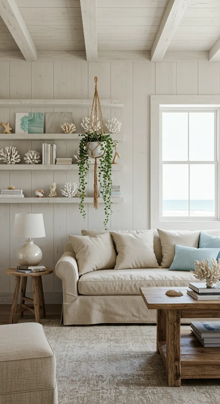 Salon de style côtier avec étagères blanches, décorations marines et une plante suspendue en macramé.
