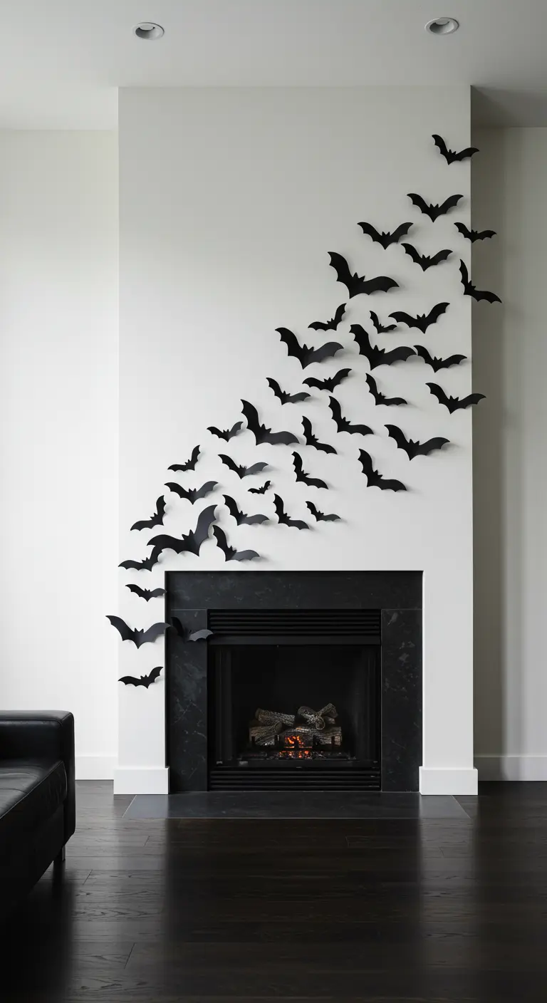 Cheminée moderne et minimaliste avec une envolée de chauves-souris noires sur le mur blanc.