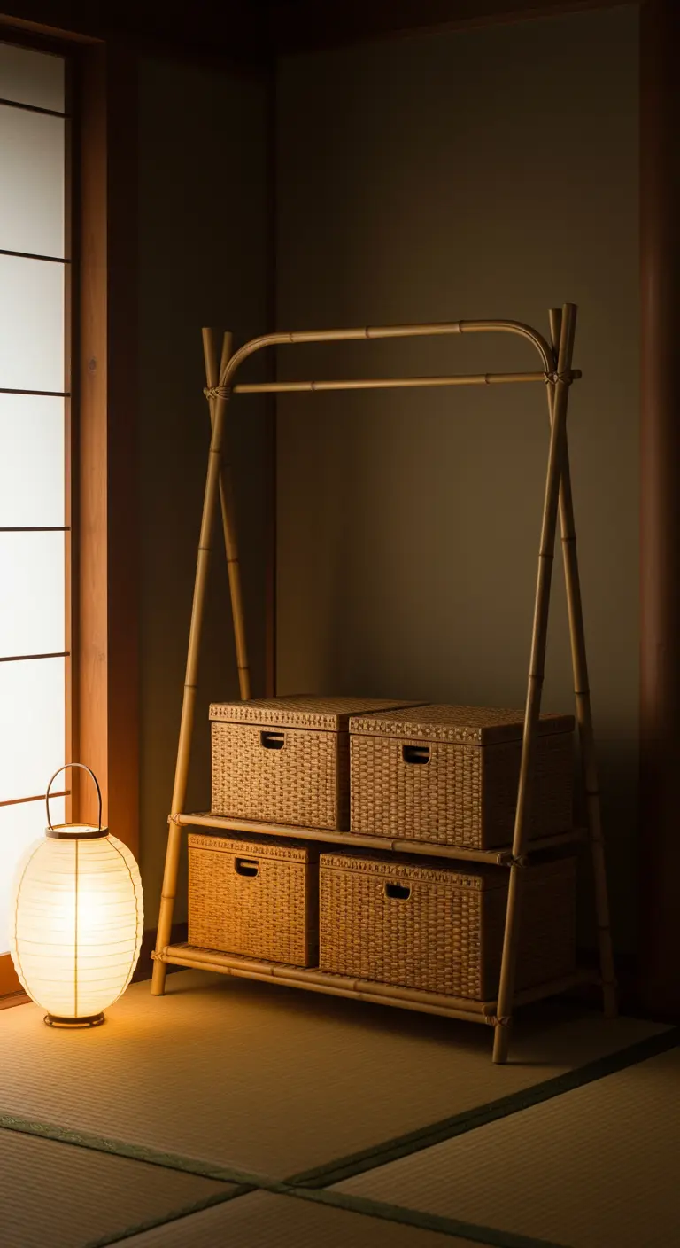Portant en bambou avec des boîtes de rangement tressées dans une ambiance tamisée.