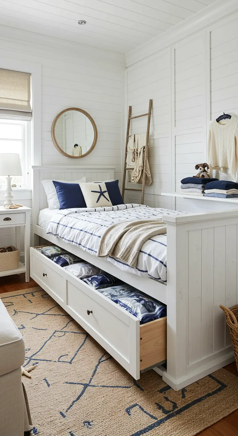 Chambre de style côtier avec un lit blanc doté de grands tiroirs de rangement.