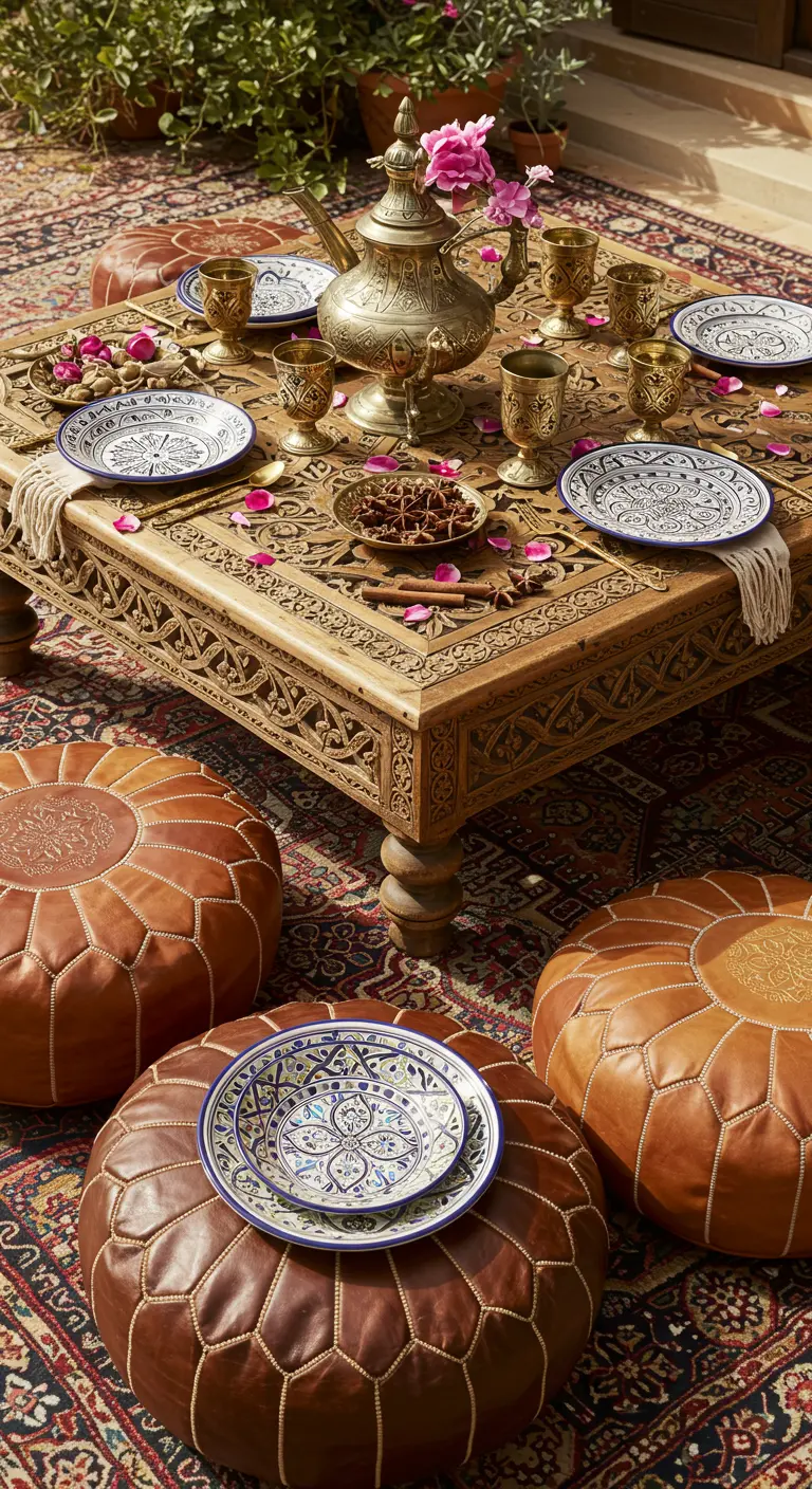 Table basse marocaine en bois sculpté avec des poufs en cuir et de la vaisselle orientale.