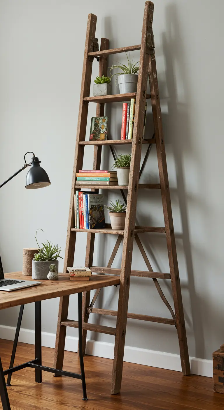 Bureau dont le rangement est assuré par une vieille échelle en bois transformée en étagères.