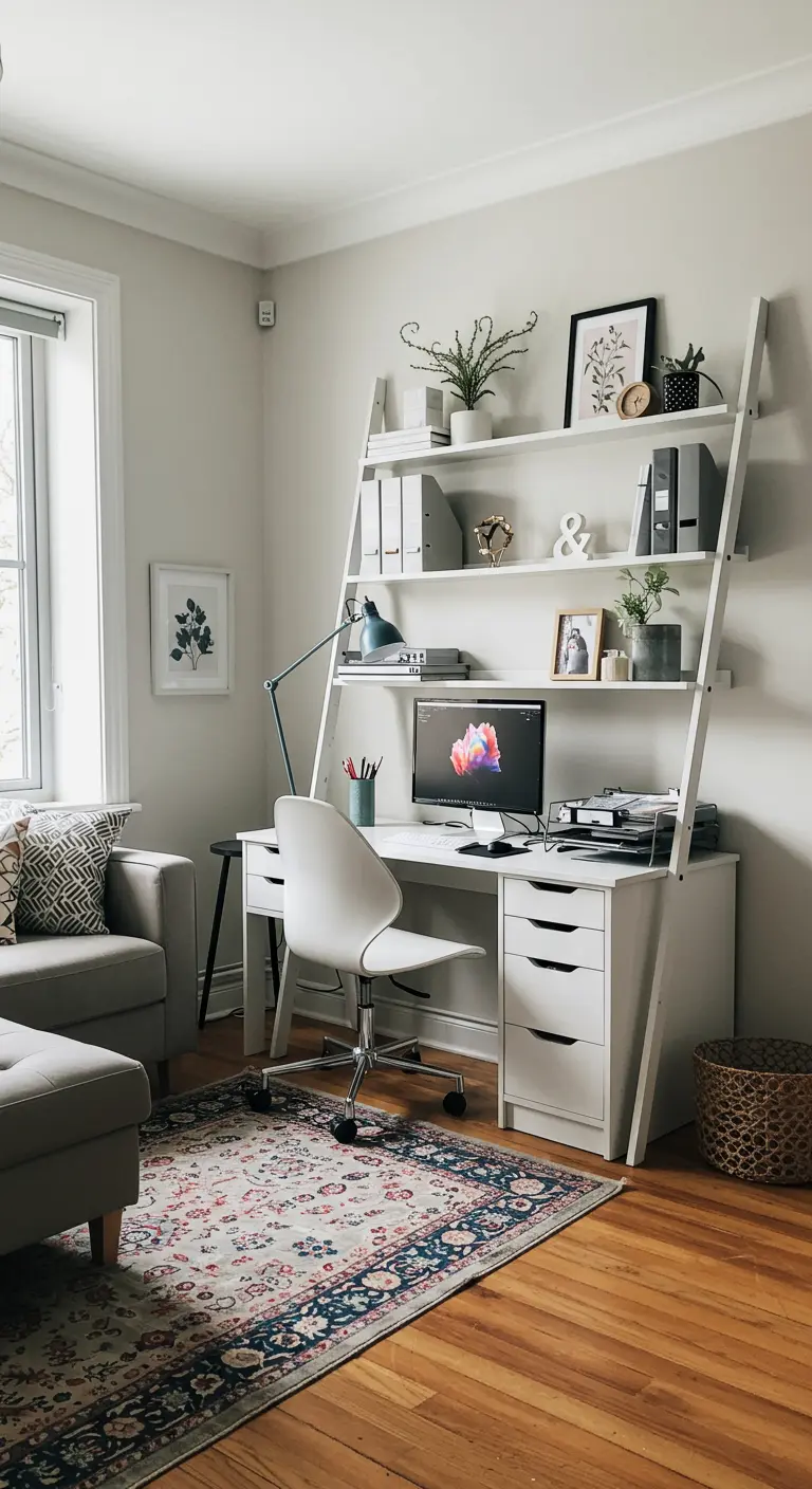 Bureau-échelle blanc dans un coin de salon, avec des rangements sur les étagères supérieures.