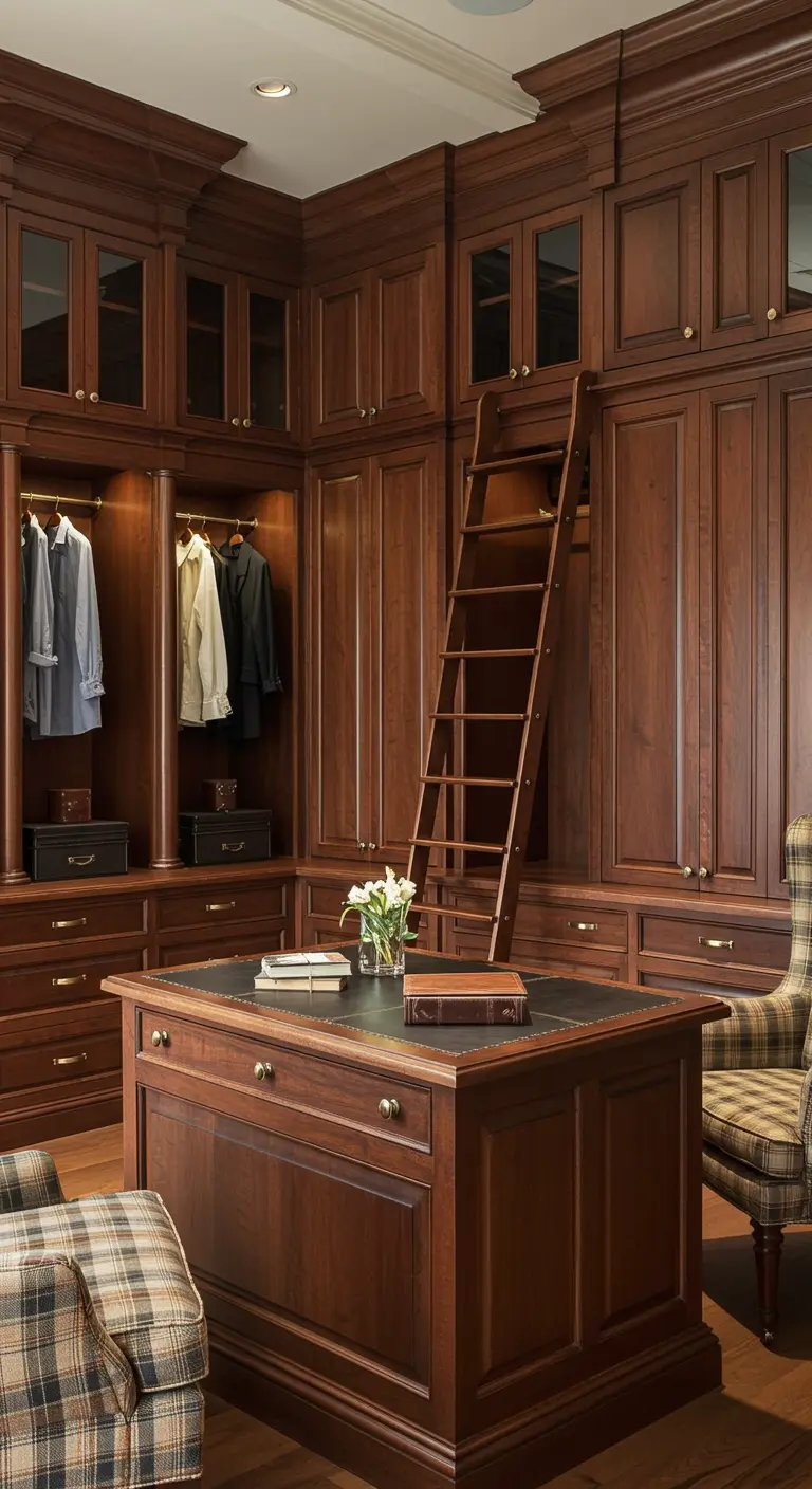 Dressing en bois sombre avec une échelle de bibliothèque sur rail et un îlot central.