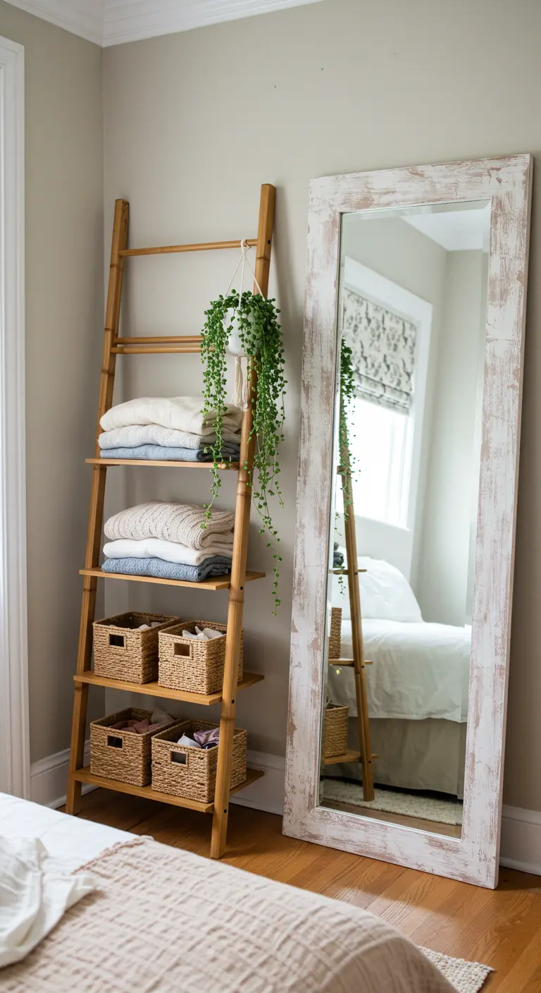 Échelle étagère en bois avec pulls pliés et paniers, à côté d'un miroir.