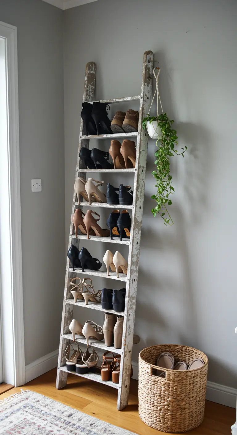 Une vieille échelle en bois blanc vieilli utilisée comme étagère à chaussures contre un mur gris.