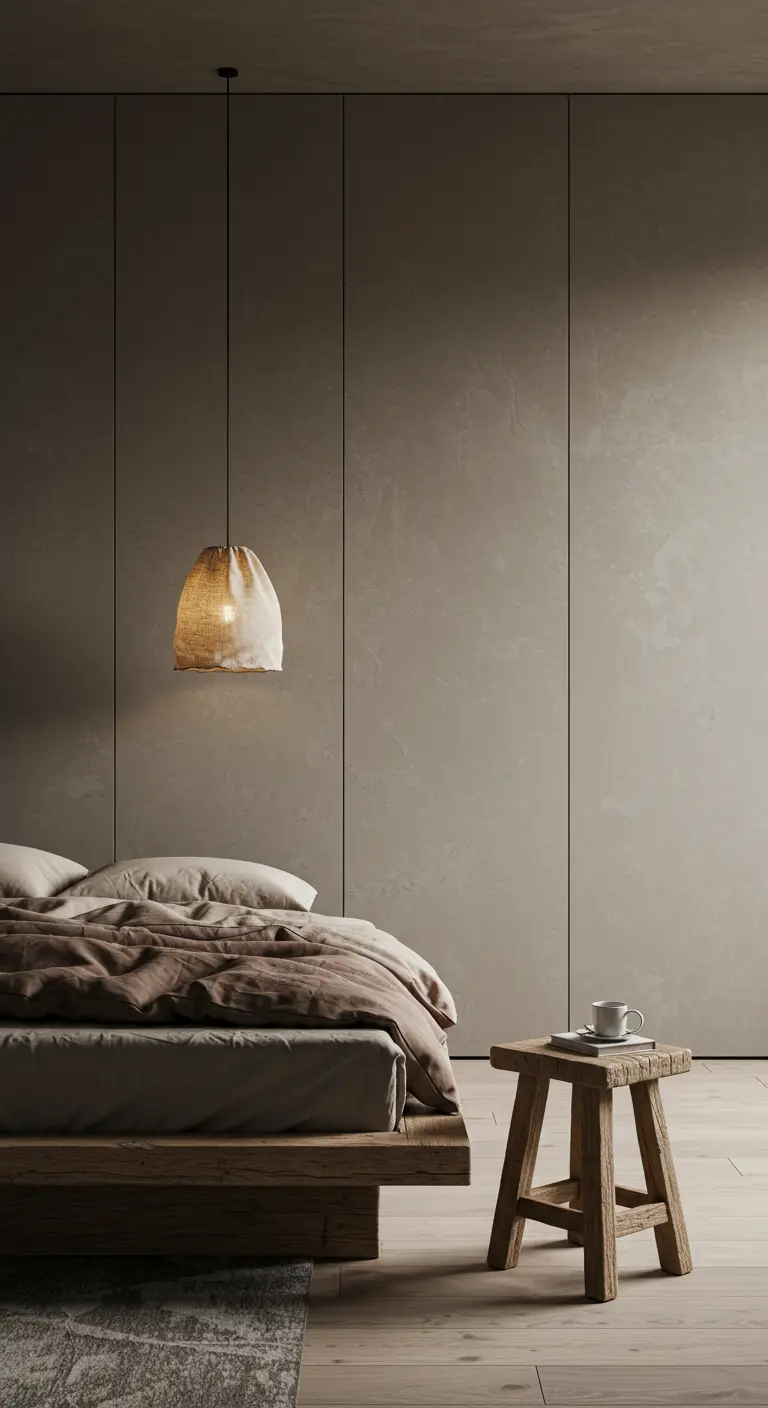 Chambre aux tons terreux avec un mur texturé et une suspension en toile de jute.