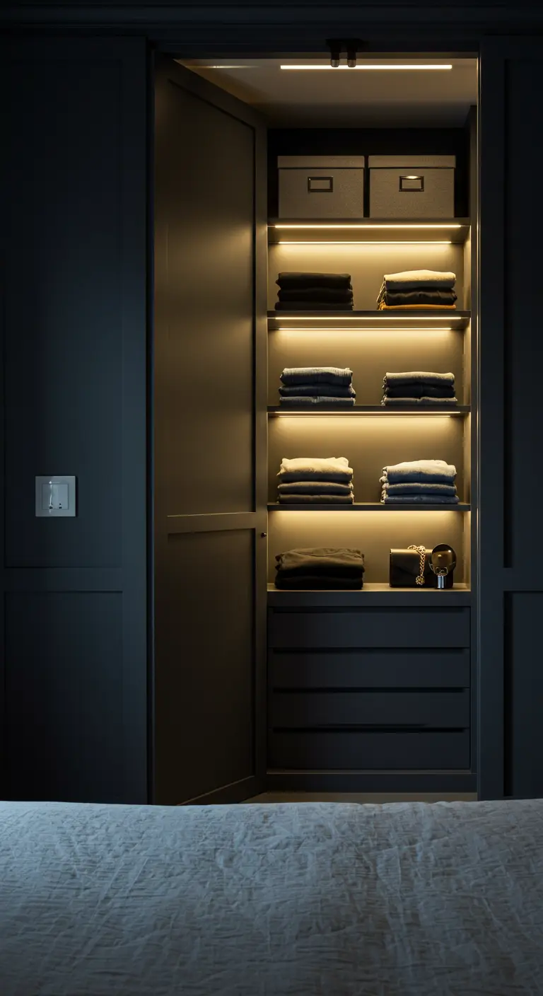 Dressing sombre et moderne avec des bandes lumineuses LED sous chaque étagère.