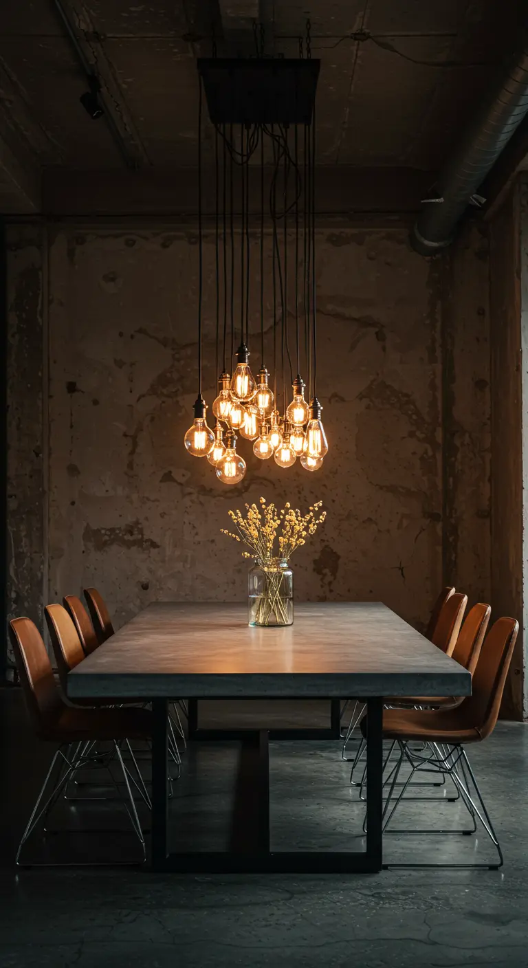 Grappe d'ampoules Edison suspendues au-dessus d'une table de style industriel.