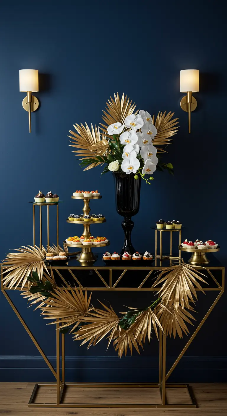 Buffet Art Déco avec des feuilles de palmier dorées, des orchidées et un fond bleu nuit.