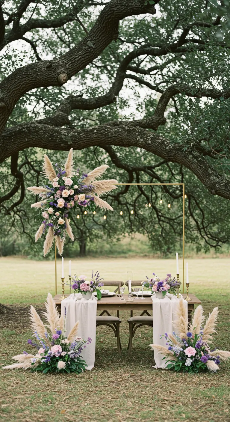 Arche de mariage dorée avec herbe de la pampa et lavande sous un grand arbre.