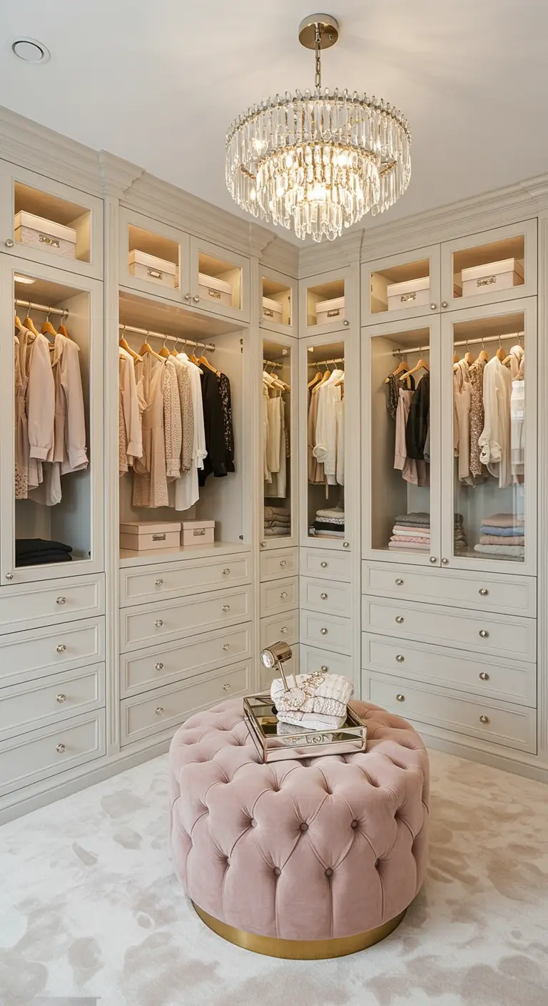 Dressing d'angle blanc avec lustre en cristal et pouf en velours rose.