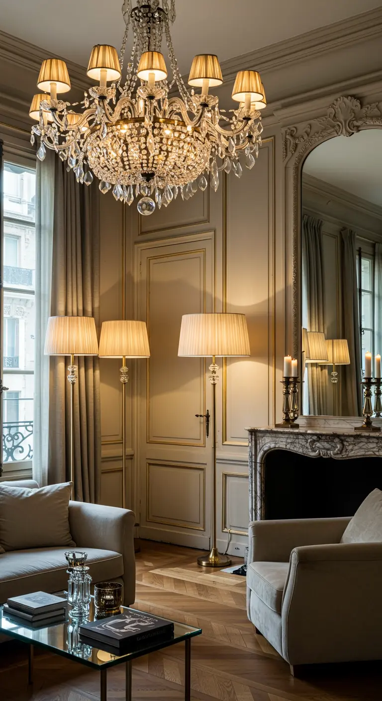 Salon haussmannien très élégant avec un grand lustre, des lampadaires et des lampes à poser allumés.