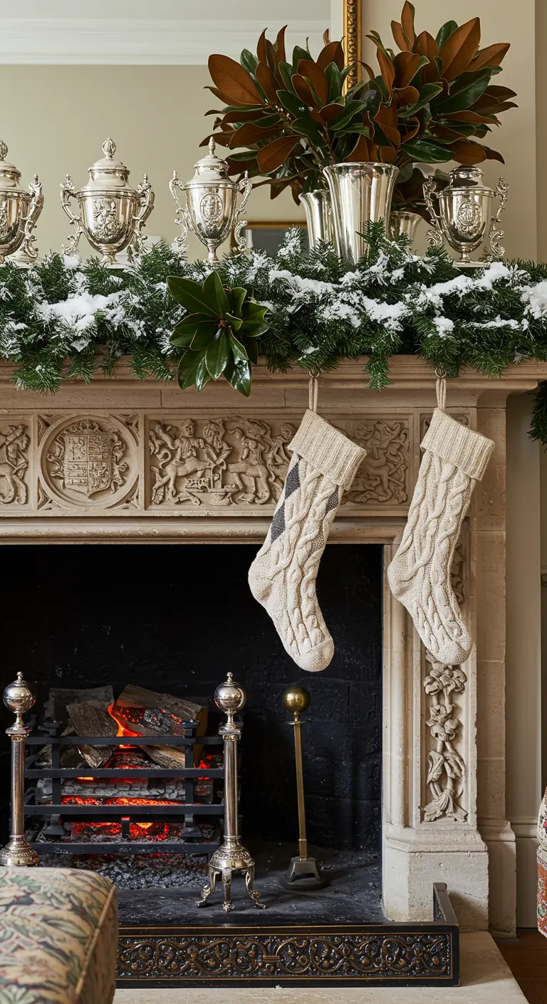 Cheminée sculptée décorée de coupes en argent et de feuilles de magnolia.
