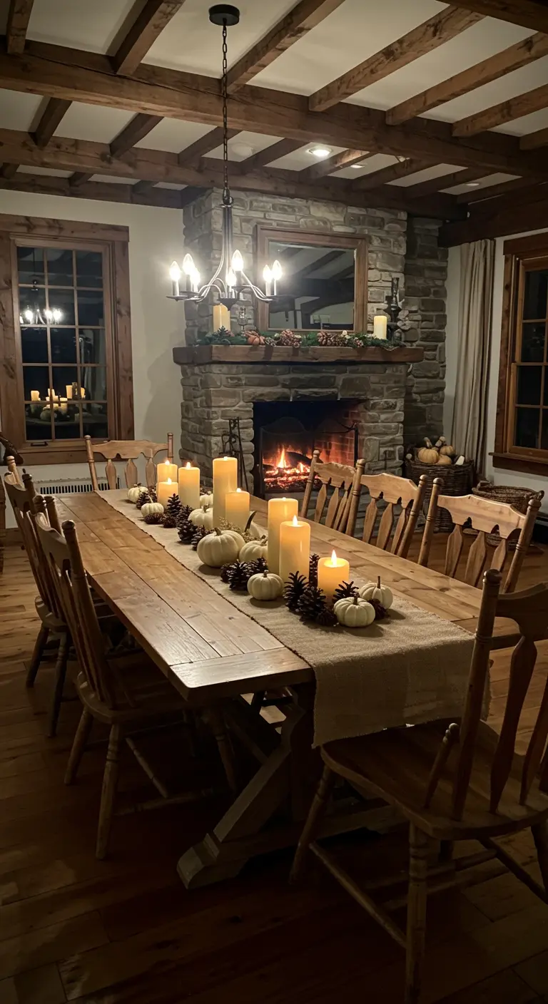 Table de Thanksgiving rustique avec chemin de table et bougies devant une cheminée.